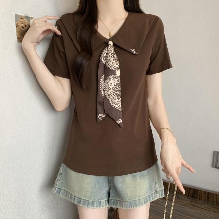 BY17234# 大码高级感丝巾领带翻领短袖T恤女韩版气质显瘦减龄上衣