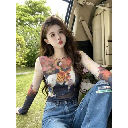 BY17236# 官拍大码女装扎染双层网纱防晒不规则长袖t恤夏季短款别致罩衫女