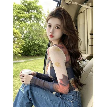 BY17236# 官拍大码女装扎染双层网纱防晒不规则长袖t恤夏季短款别致罩衫女