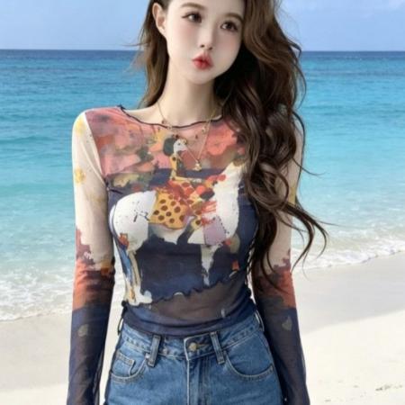 BY17236# 官拍大码女装扎染双层网纱防晒不规则长袖t恤夏季短款别致罩衫女