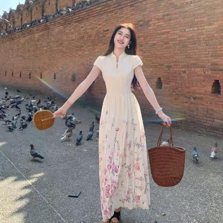 BY17241# 风信新中式碎花刺绣改良旗袍女早春短袖大摆长款连衣裙