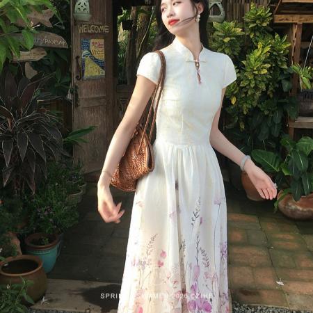 BY17241# 风信新中式碎花刺绣改良旗袍女早春短袖大摆长款连衣裙