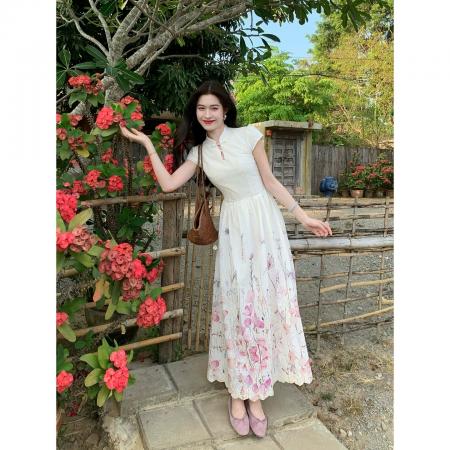 BY17241# 风信新中式碎花刺绣改良旗袍女早春短袖大摆长款连衣裙