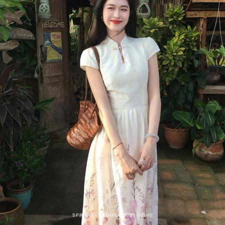 BY17241# 风信新中式碎花刺绣改良旗袍女早春短袖大摆长款连衣裙