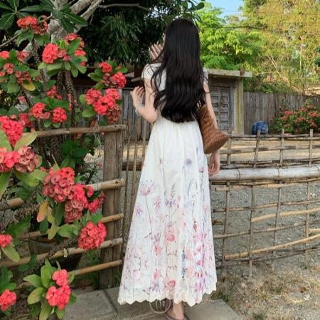 BY17241# 风信新中式碎花刺绣改良旗袍女早春短袖大摆长款连衣裙