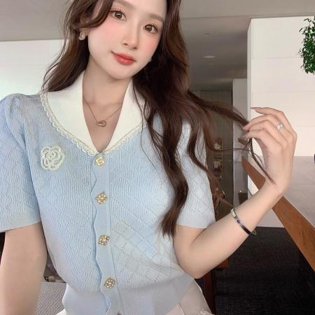 BY17242# 南洋千金小香风针织衫女短袖夏季新款法式绝美漂亮上衣