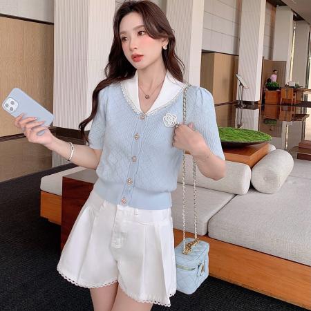 BY17242# 南洋千金小香风针织衫女短袖夏季新款法式绝美漂亮上衣