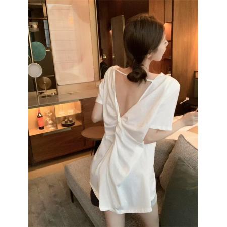 BY17248# V领短袖T恤女宽松慵懒小心机后背扭结露背上衣带垫肩