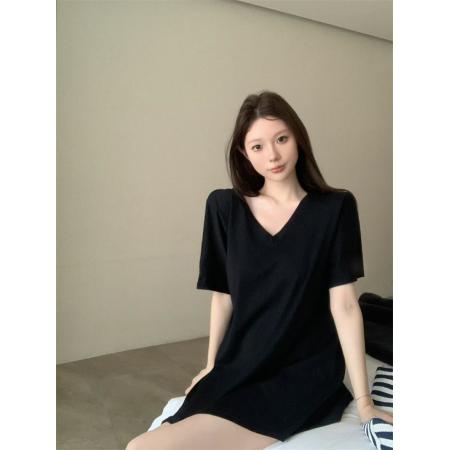 BY17248# V领短袖T恤女宽松慵懒小心机后背扭结露背上衣带垫肩