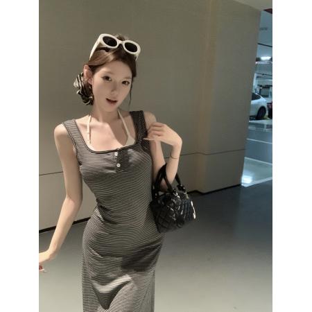 BY17249# 条纹打底裙韩版气质显瘦自带胸垫吊带连衣裙长裙女
