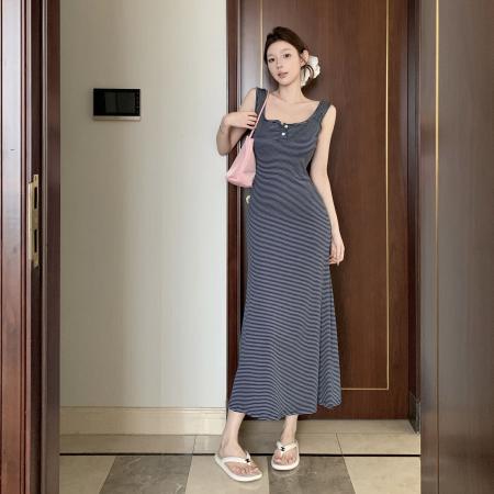 BY17249# 条纹打底裙韩版气质显瘦自带胸垫吊带连衣裙长裙女