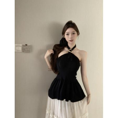 BY17250# 显瘦纸片人小香挂脖露背针织背心矜贵气质上衣