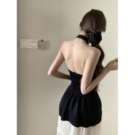 BY17250# 显瘦纸片人小香挂脖露背针织背心矜贵气质上衣