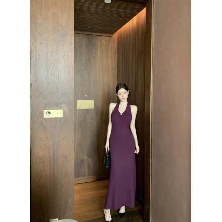 BY17251# 法式性感v领收腰挂脖大露背收腰连衣裙长裙包臀裙