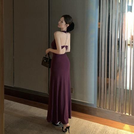 BY17251# 法式性感v领收腰挂脖大露背收腰连衣裙长裙包臀裙