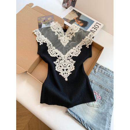 BY17252# 法式轻熟风蕾丝拼接修身无袖背心精致洋气显瘦外穿内搭上衣女