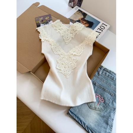 BY17252# 法式轻熟风蕾丝拼接修身无袖背心精致洋气显瘦外穿内搭上衣女