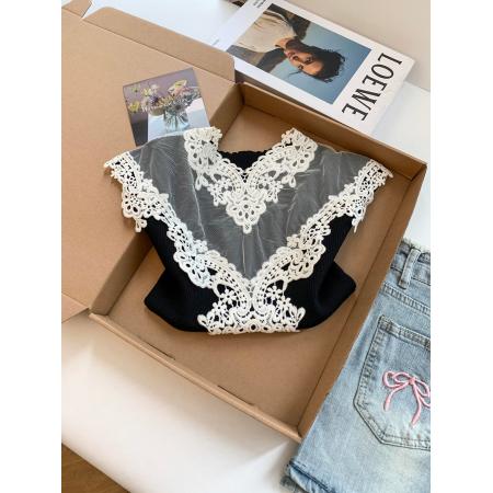 BY17252# 法式轻熟风蕾丝拼接修身无袖背心精致洋气显瘦外穿内搭上衣女