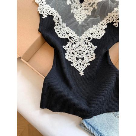 BY17252# 法式轻熟风蕾丝拼接修身无袖背心精致洋气显瘦外穿内搭上衣女