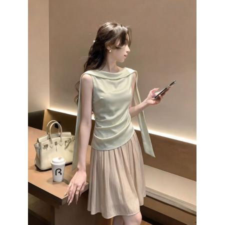 BY17253# 法式气质名媛风不规则绑带衬衫女装夏季新款温柔减龄通勤无袖上衣