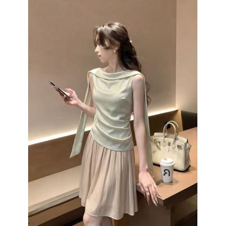 BY17253# 法式气质名媛风不规则绑带衬衫女装夏季新款温柔减龄通勤无袖上衣