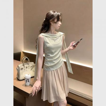 BY17253# 法式气质名媛风不规则绑带衬衫女装夏季新款温柔减龄通勤无袖上衣