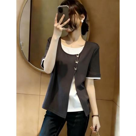 BY17254# 复古撞色蝴蝶拼接假两件短袖T恤女夏大码胖mm设计感休闲显瘦上衣