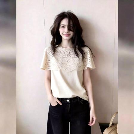 BY17255# 法系蕾丝镂空假两件上衣女白色小众不撞款打底衫时尚春季新款