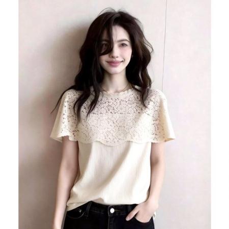 BY17255# 法系蕾丝镂空假两件上衣女白色小众不撞款打底衫时尚春季新款