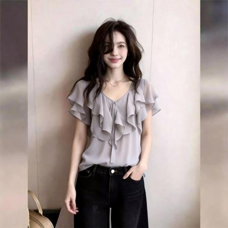 BY17257# 法式设计感荷叶边雪纺衫女短袖气质减龄上衣时尚舒适春季新款