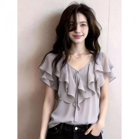 BY17257# 法式设计感荷叶边雪纺衫女短袖气质减龄上衣时尚舒适春季新款
