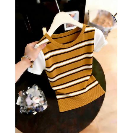 BY17258# 复古条纹设计感针织衫夏款修身洋气小众百搭上衣短袖漂亮百搭