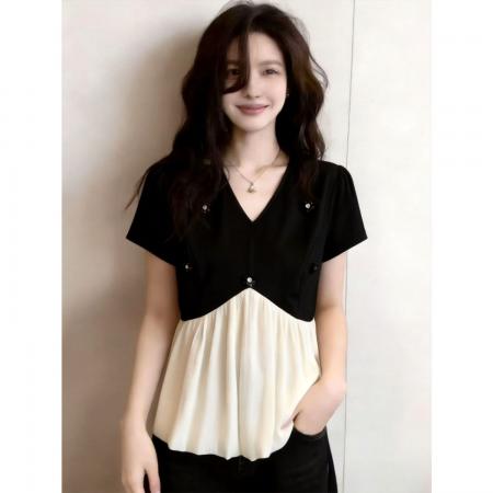 BY17259# 甜美雪纺拼接短袖V领小衫女夏季大码胖mm设计感洋气显瘦漂亮上衣