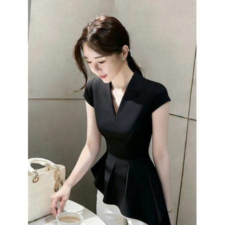 BY17260# 时尚气质高级感黑色不规则荷叶边上衣春季法式收腰短袖t恤女