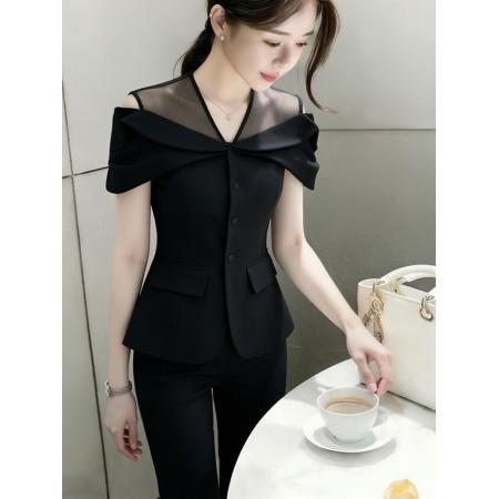 BY17261# 黑色上衣女春款淡人高知欧货轻奢高端设计感网纱拼接掐腰衬衫