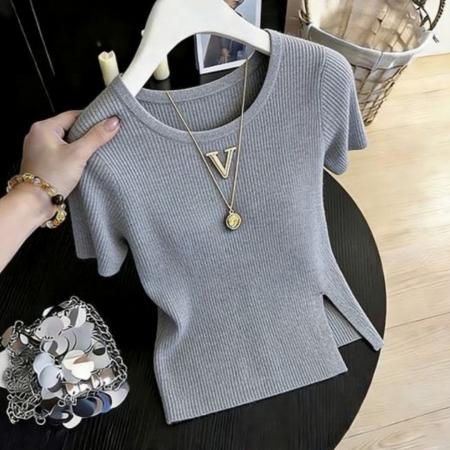 BY17262# 遮肚下摆开叉冰丝短袖针织衫女春夏薄款圆领T恤宽松减龄上衣