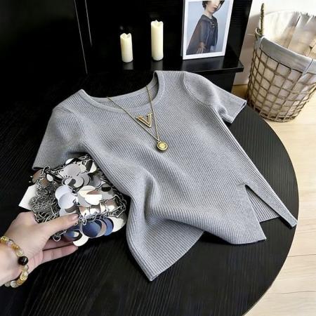 BY17262# 遮肚下摆开叉冰丝短袖针织衫女春夏薄款圆领T恤宽松减龄上衣