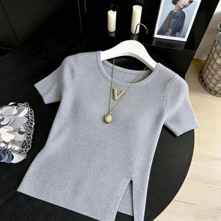 BY17262# 遮肚下摆开叉冰丝短袖针织衫女春夏薄款圆领T恤宽松减龄上衣