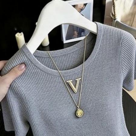 BY17262# 遮肚下摆开叉冰丝短袖针织衫女春夏薄款圆领T恤宽松减龄上衣