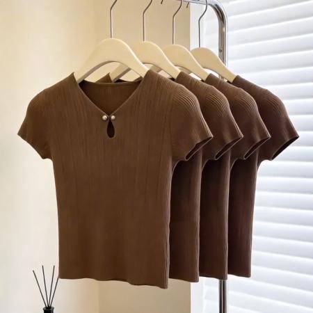 BY17263# 春夏新款高端精致气质时尚显瘦镂空短袖针织T恤女装爆款上衣