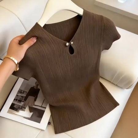 BY17263# 春夏新款高端精致气质时尚显瘦镂空短袖针织T恤女装爆款上衣