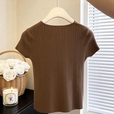 BY17263# 春夏新款高端精致气质时尚显瘦镂空短袖针织T恤女装爆款上衣