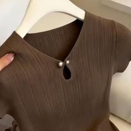 BY17263# 春夏新款高端精致气质时尚显瘦镂空短袖针织T恤女装爆款上衣