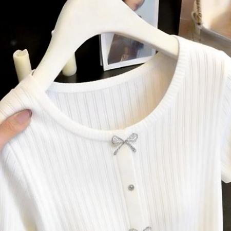 BY17264# 法式千金风蝴蝶结冰丝短袖T恤女春夏新款圆领气质减龄针织衫