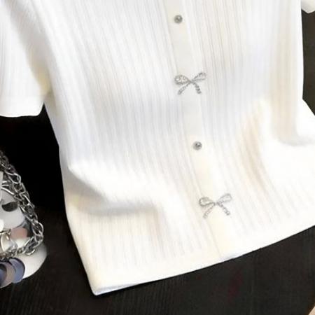 BY17264# 法式千金风蝴蝶结冰丝短袖T恤女春夏新款圆领气质减龄针织衫