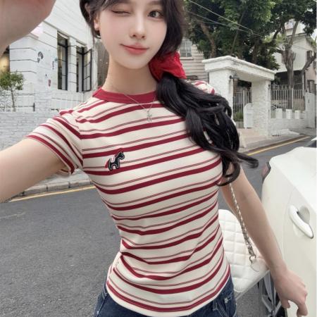 BY17267# 夏季韩版设计感条纹刺绣小马修身显瘦百搭短袖T恤上衣女