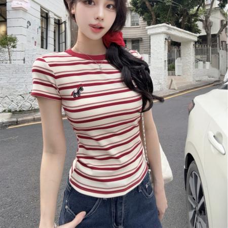 BY17267# 夏季韩版设计感条纹刺绣小马修身显瘦百搭短袖T恤上衣女