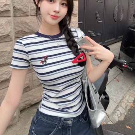 BY17267# 夏季韩版设计感条纹刺绣小马修身显瘦百搭短袖T恤上衣女