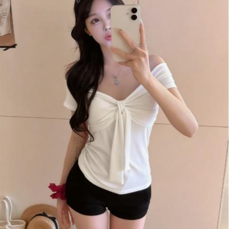 BY17268# 夏季新款韩版设计感蝴蝶结大V领修身显瘦T恤短款上衣女