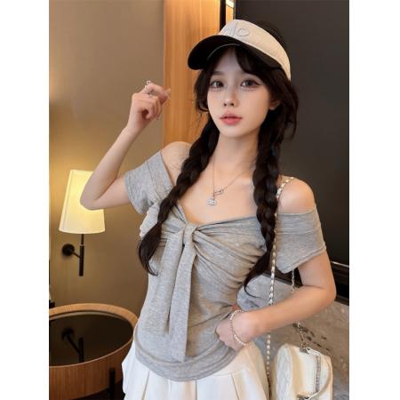 BY17268# 夏季新款韩版设计感蝴蝶结大V领修身显瘦T恤短款上衣女